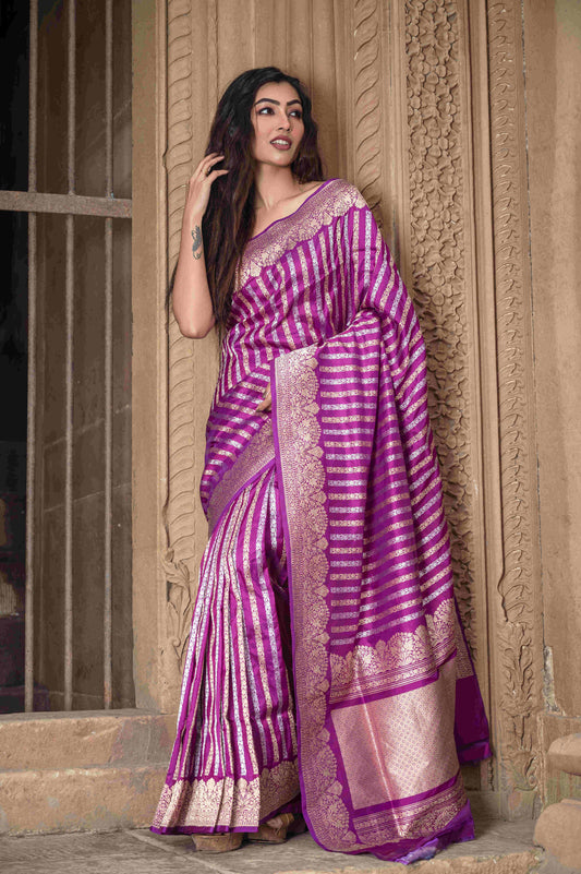 Pure Banarasi Katan Roopa Sona Stripe Saree
