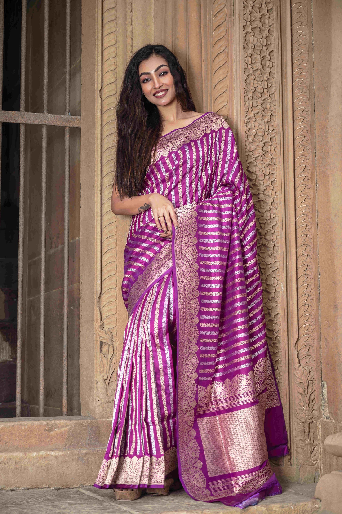 Pure Banarasi Katan Roopa Sona Stripe Saree