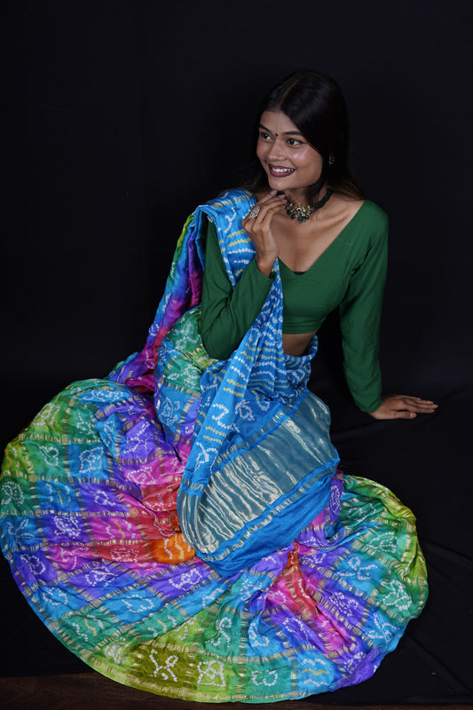 Pure Banarasi Handloom Gaji Bandhej Multi Saree