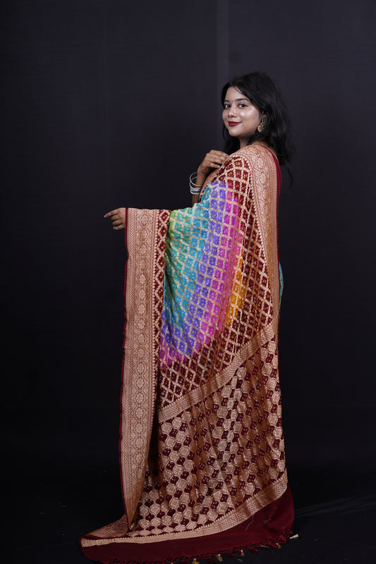 Pure Banarasi Handloom Multi Bandhej Saree