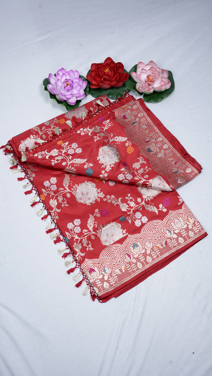 Pure Banarasi Handloom Katan Meenakari Jangla Saree