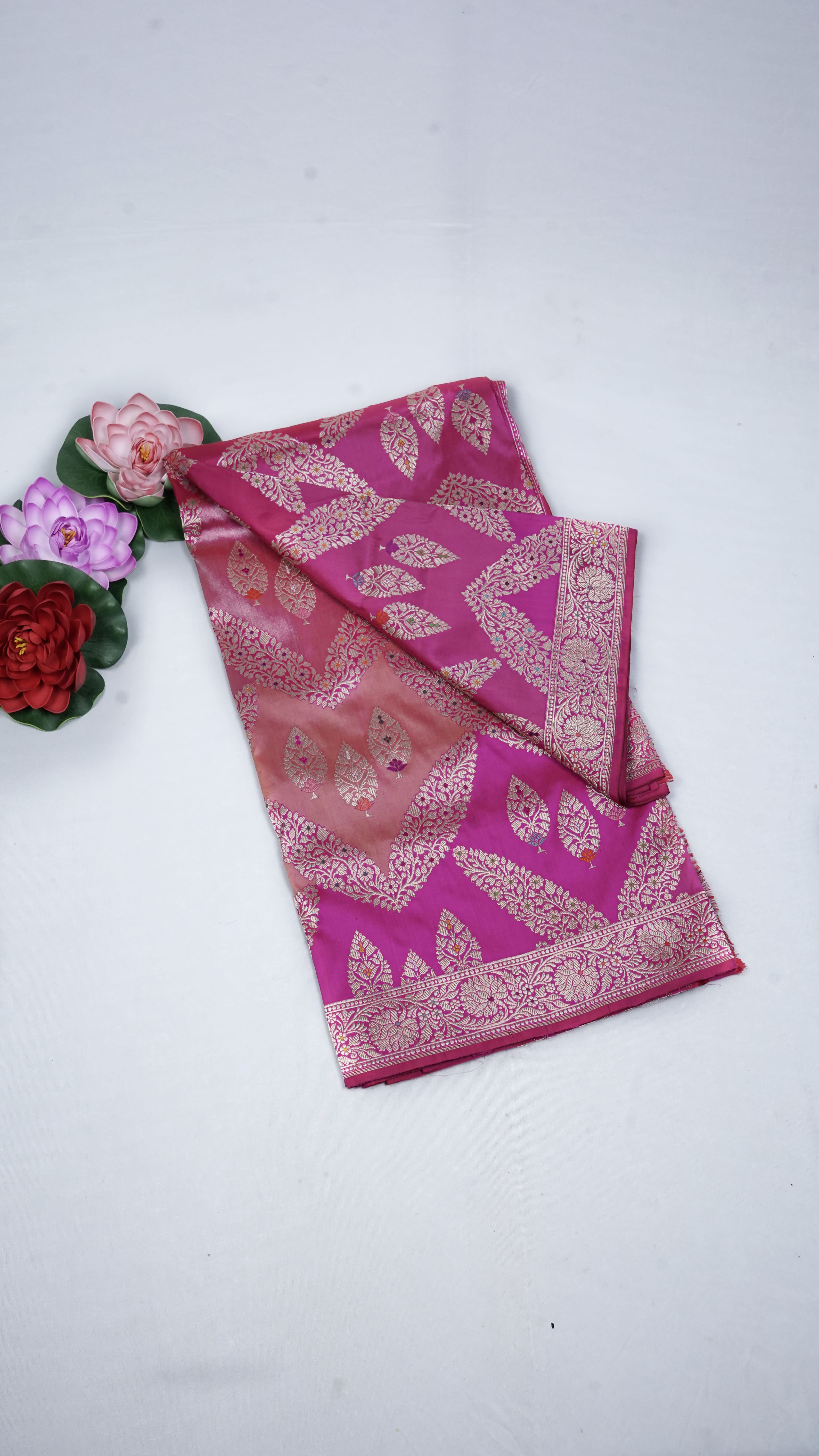 Pure Banarasi Handloom Katan Meenakari Jangla Saree
