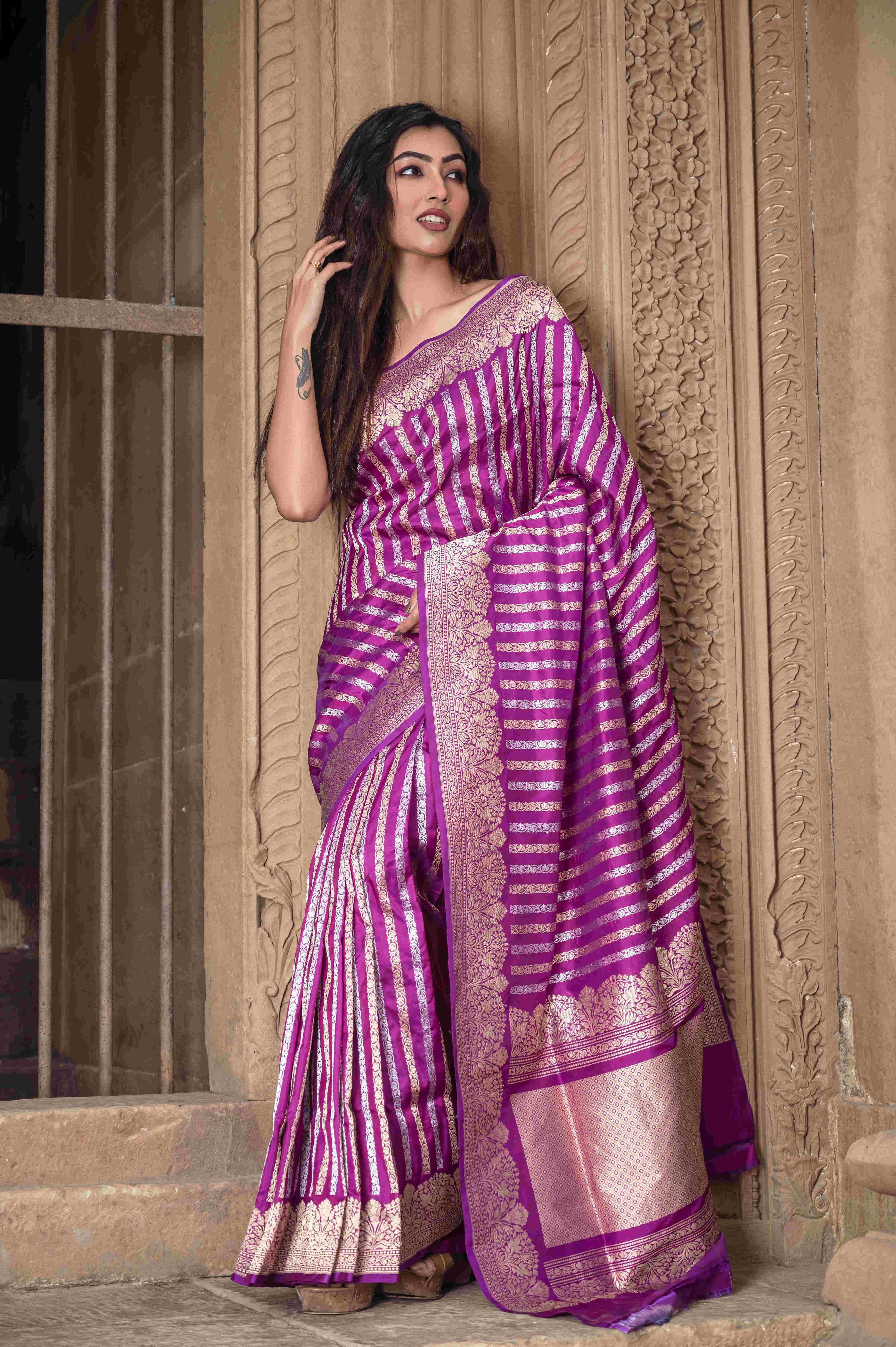 Pure Banarasi Katan Roopa Sona Stripe  Saree
