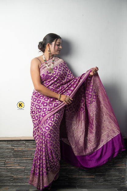 Pure Banarasi Handloom Mashru Bandhej Handwoven Saree