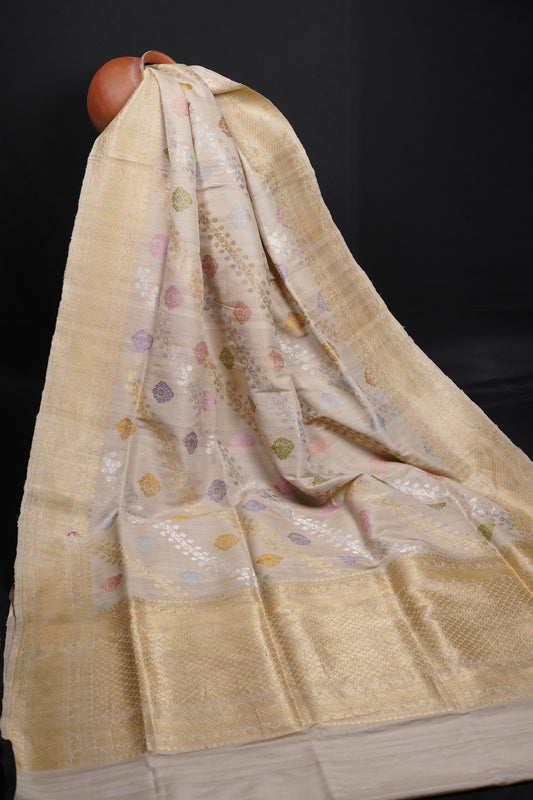 Pure Banarasi Handloom Katan Tussar Jangla Saree