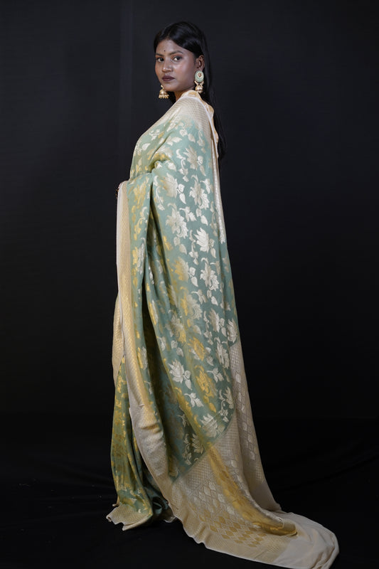 Pure Banarasi Handloom Khaddi Georgette Platinum Saree