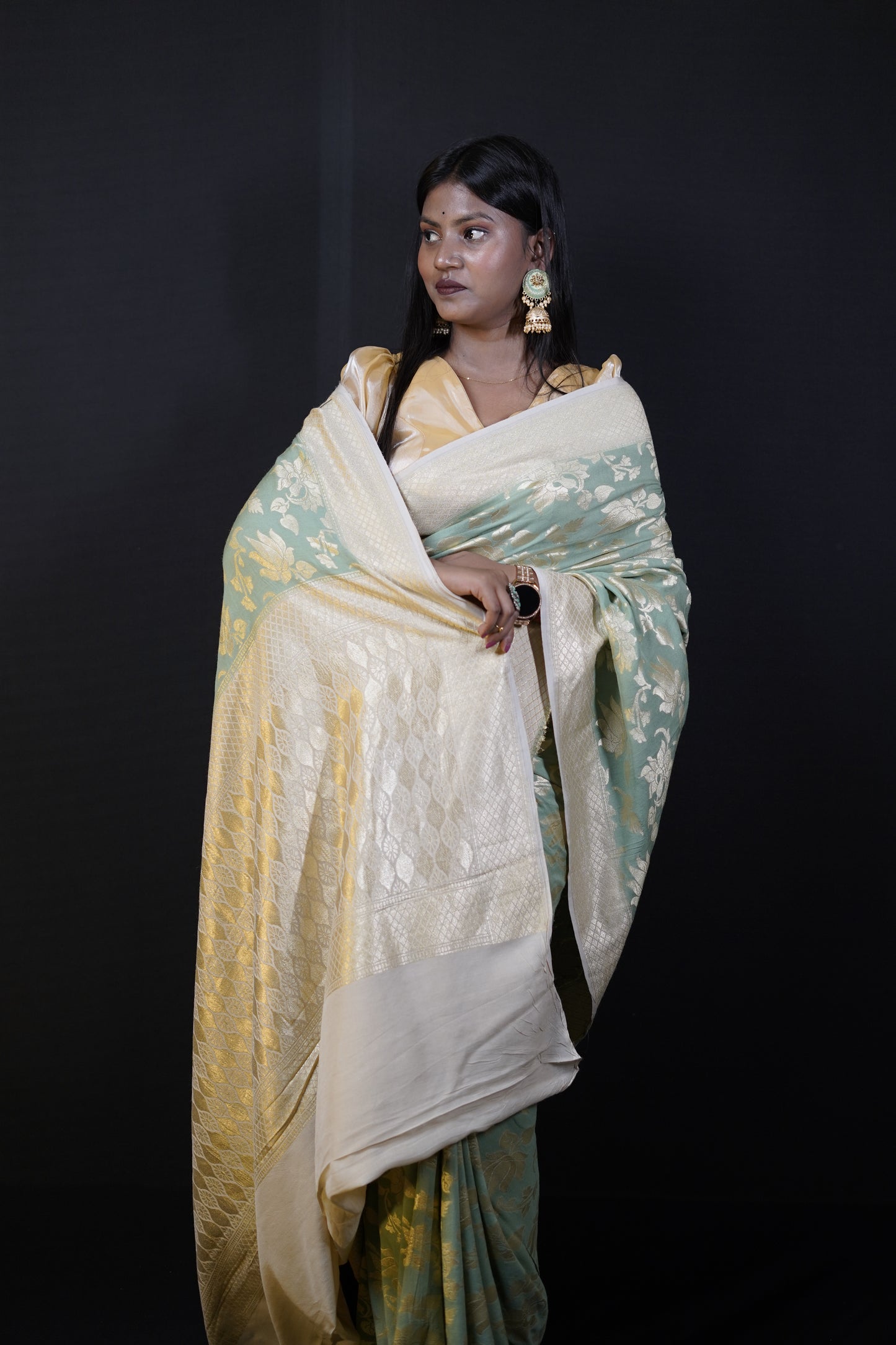 Pure Banarasi Handloom Khaddi Georgette Platinum Saree