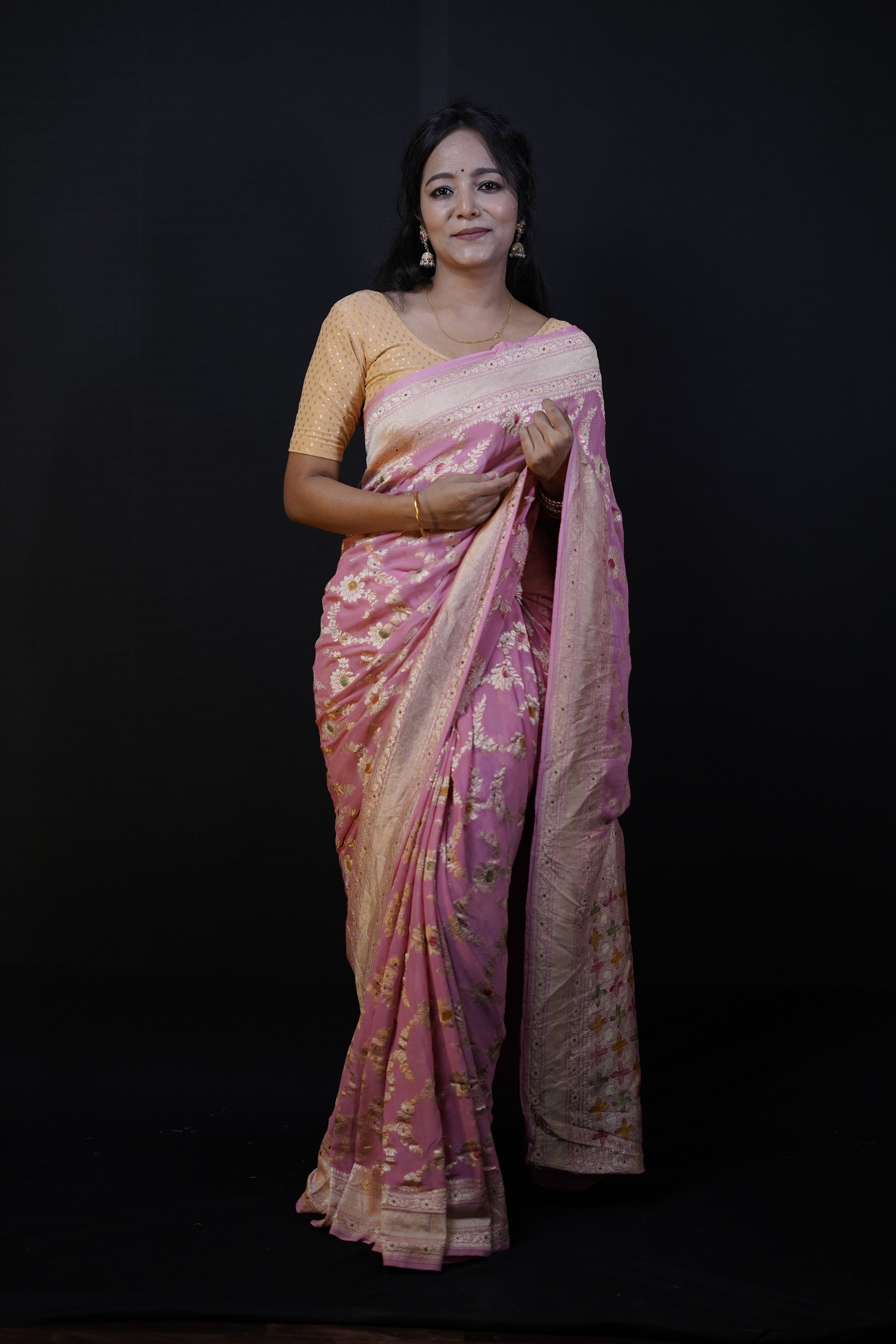 Pure Banarasi Handloom Khaddi Georgette Platinum Refling Saree