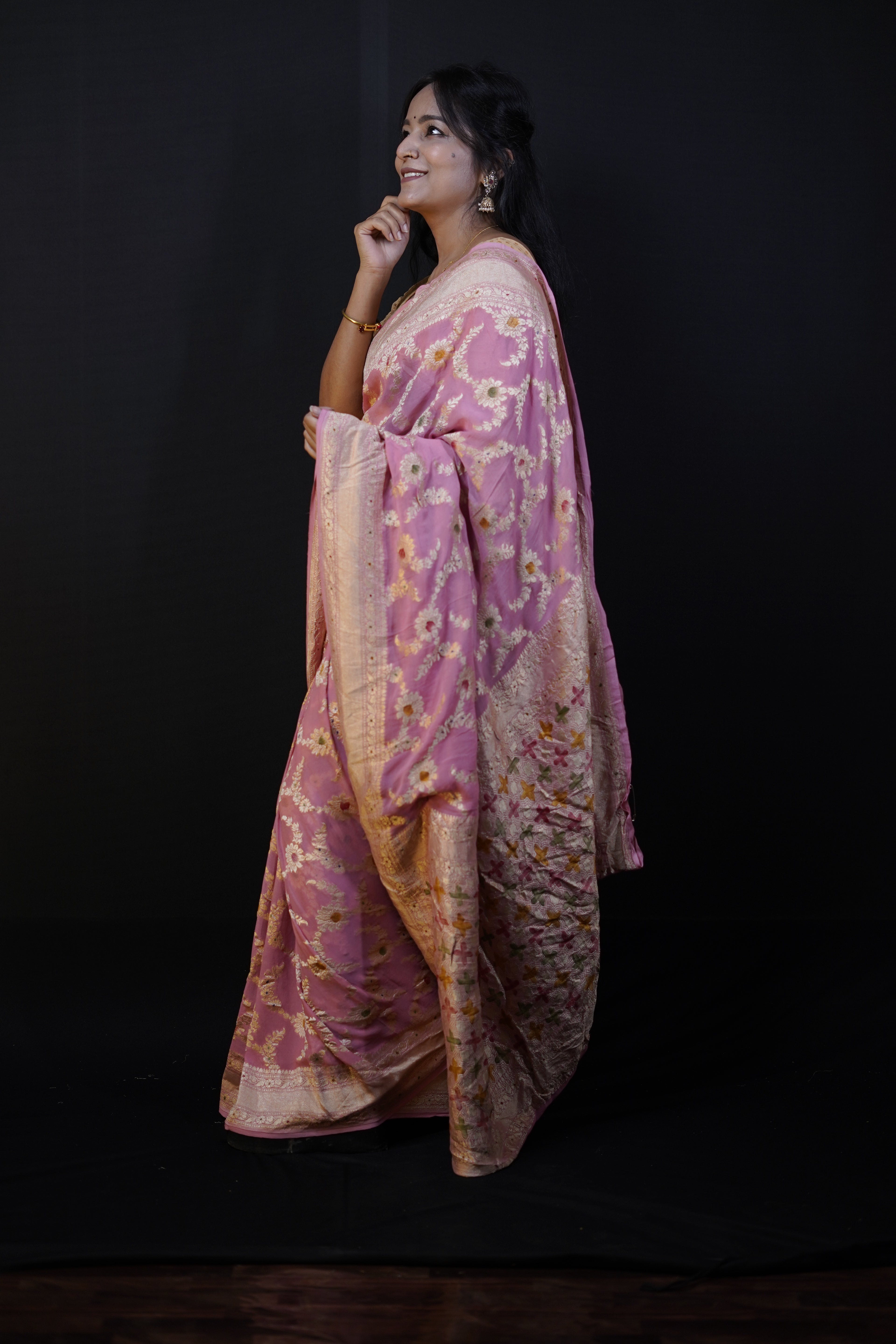 Pure Banarasi Handloom Khaddi Georgette Platinum Refling Saree