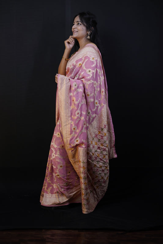Pure Banarasi Handloom Khaddi Georgette Platinum Refling Saree