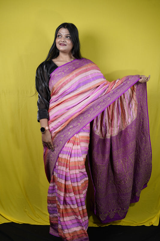 Pure Banarasi Handloom Khaddi Georgette Antique Striped Rangkaat Saree