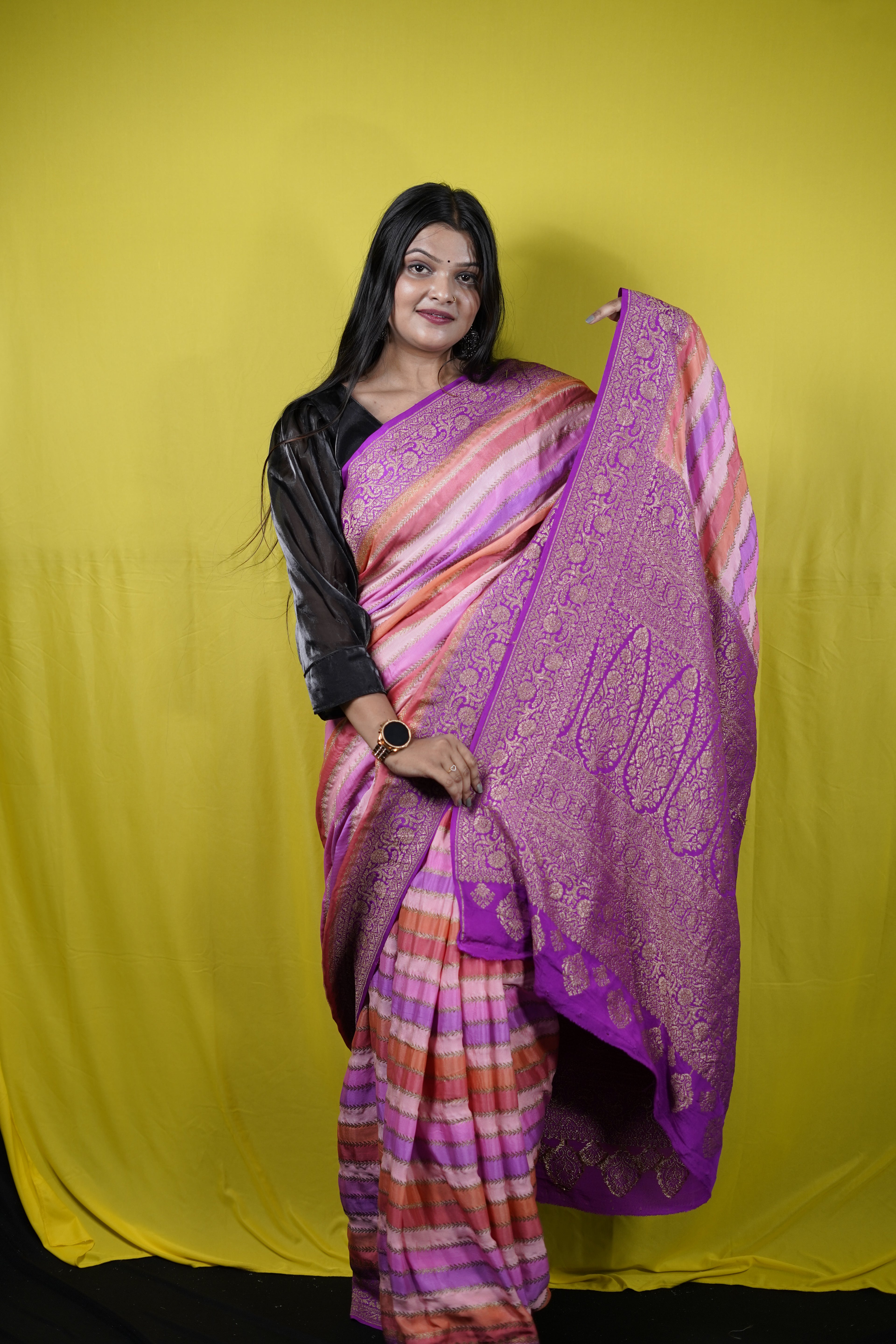 Pure Banarasi Handloom Khaddi Georgette Antique Striped Rangkaat Saree