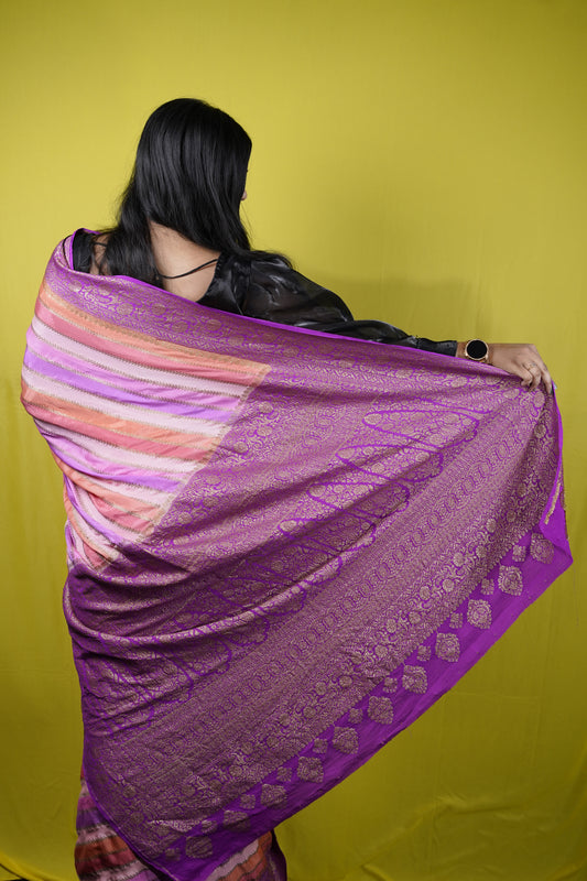 Pure Banarasi Handloom Khaddi Georgette Antique Striped Rangkaat Saree
