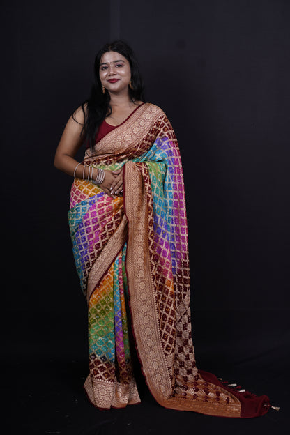 Pure Banarasi Handloom Multi Bandhej Saree
