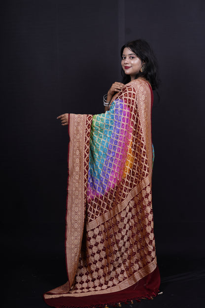 Pure Banarasi Handloom Multi Bandhej Saree