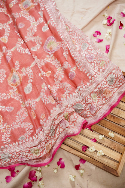 Pure Banarasi Handloom Khaddi Georgette Silver Refling Saree