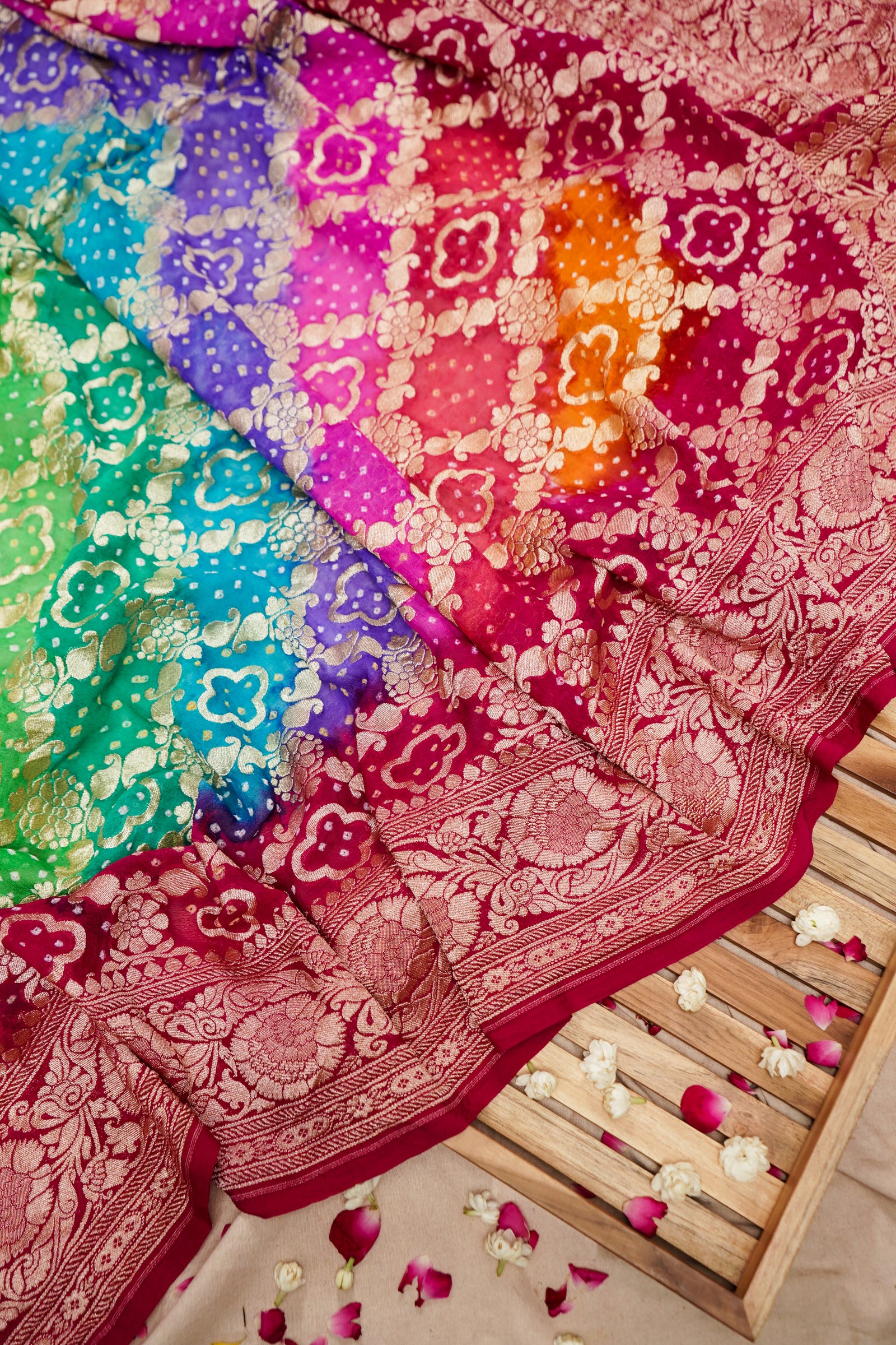 Pure Banarasi Handloom Khaddi Georgette Bandhani Sada Multi Saree