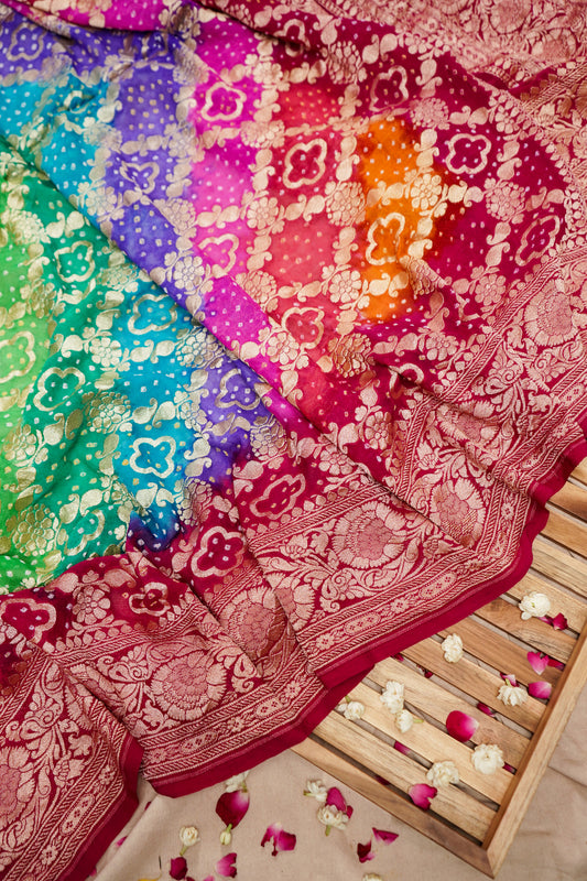Pure Banarasi Handloom Khaddi Georgette Bandhani Sada Multi Saree
