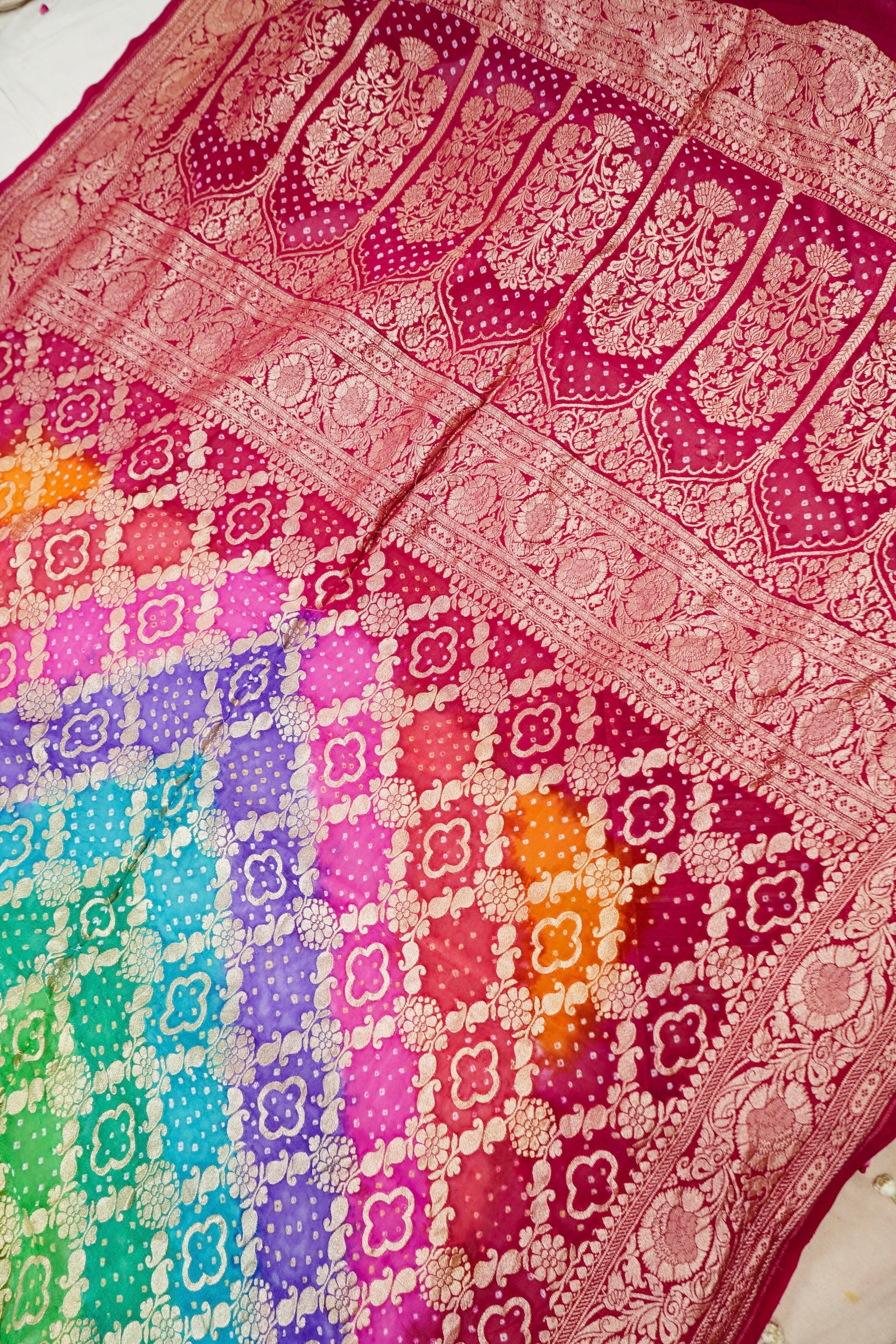 Pure Banarasi Handloom Khaddi Georgette Bandhani Sada Multi Saree