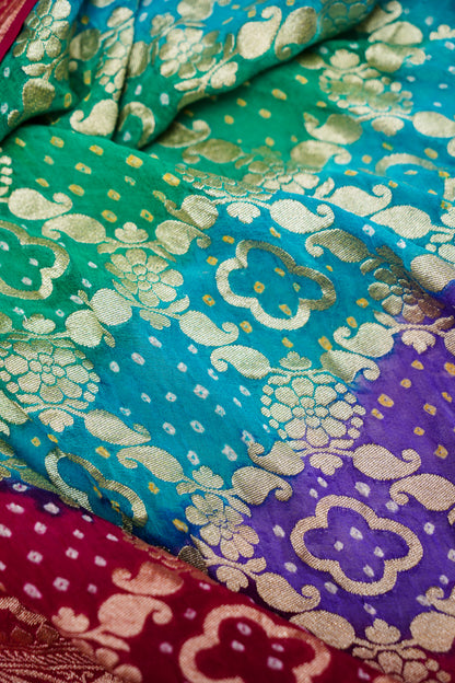 Pure Banarasi Handloom Khaddi Georgette Bandhani Sada Multi Saree