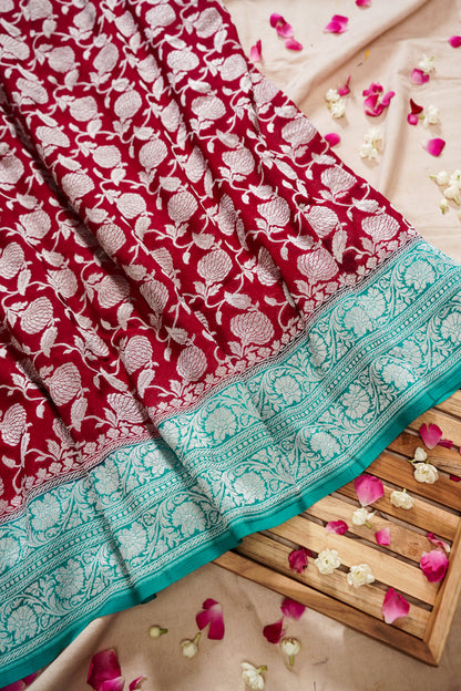 Pure Banarasi Handloom Khaddi Georgette Silver Jaal Saree