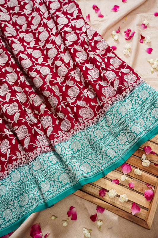 Pure Banarasi Handloom Khaddi Georgette Silver Jaal Saree