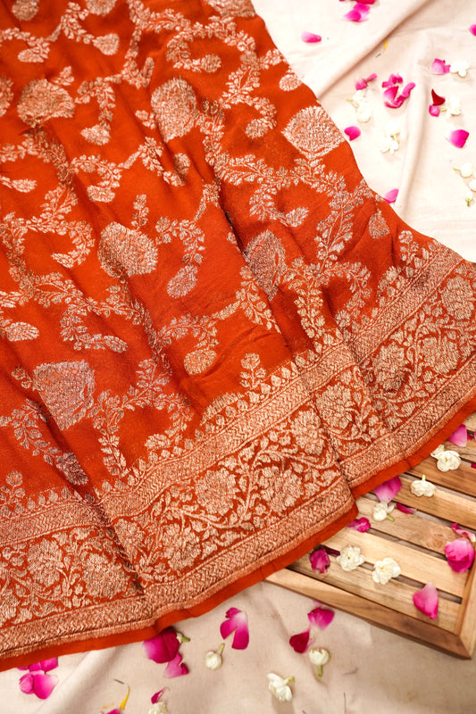Pure Banarasi Handloom Khaddi Georgette Antique Jaal Sada Saree