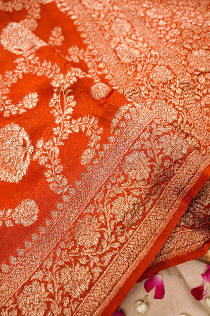 Pure Banarasi Handloom Khaddi Georgette Antique Jaal Sada Saree