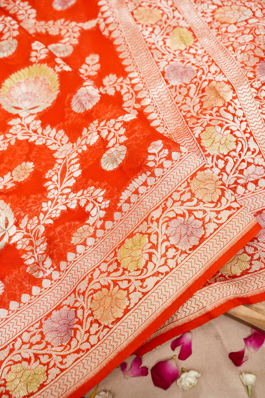 Pure Banarasi Handloom Khaddi Georgette Platinum Refling Saree