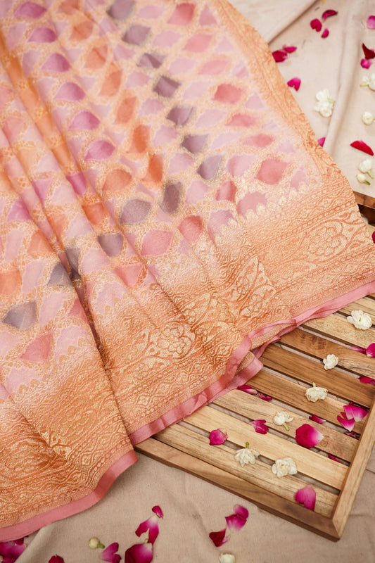 Pure Banarasi Handloom Khaddi Georgette Neemzari Multi Saree