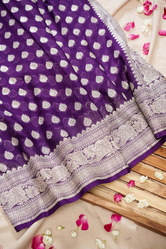Pure Banarasi Handloom Khaddi Georgette Platinum Buti Saree