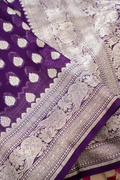 Pure Banarasi Handloom Khaddi Georgette Platinum Buti Saree