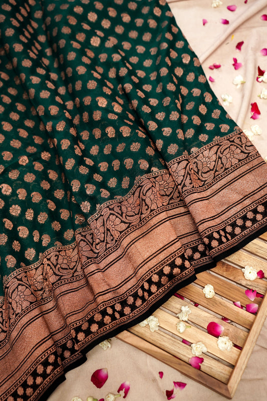 Pure Banarasi Handloom Khaddi Georgette Copper Buti Saree