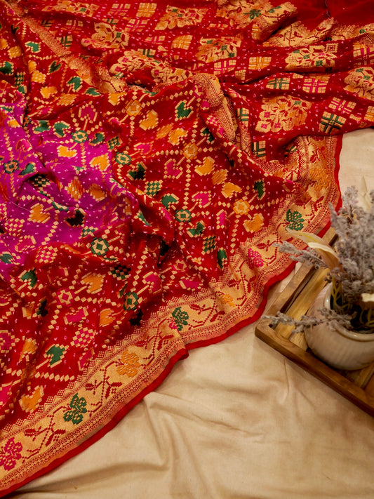 Pure Banarasi Handloom Khaddi Georgette Bandhani Mina Saree