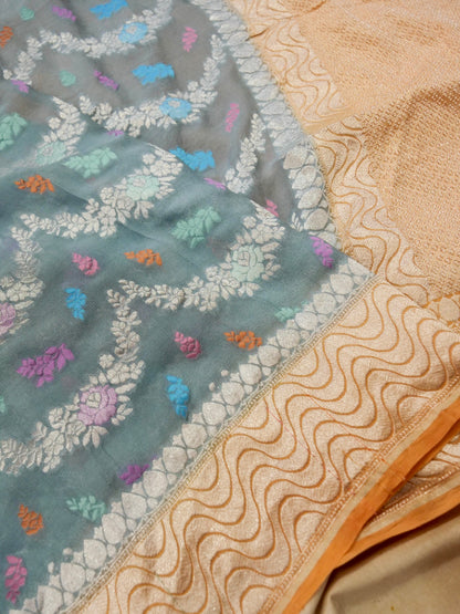 Pure Banarasi Handloom Khaddi Georgette Jamdani Jaal Saree