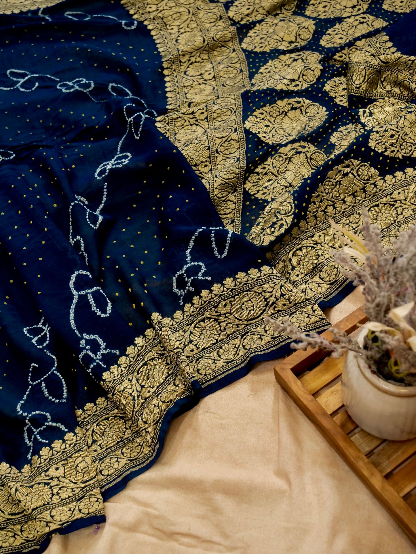 Pure Banarasi Handloom Khaddi Georgette Bandhani Rai Saree