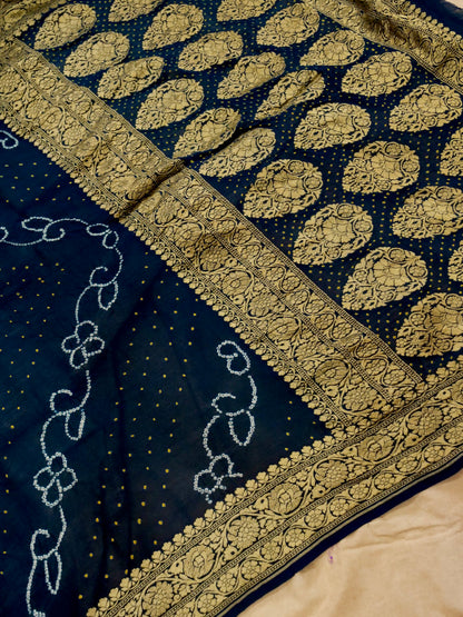 Pure Banarasi Handloom Khaddi Georgette Bandhani Rai Saree