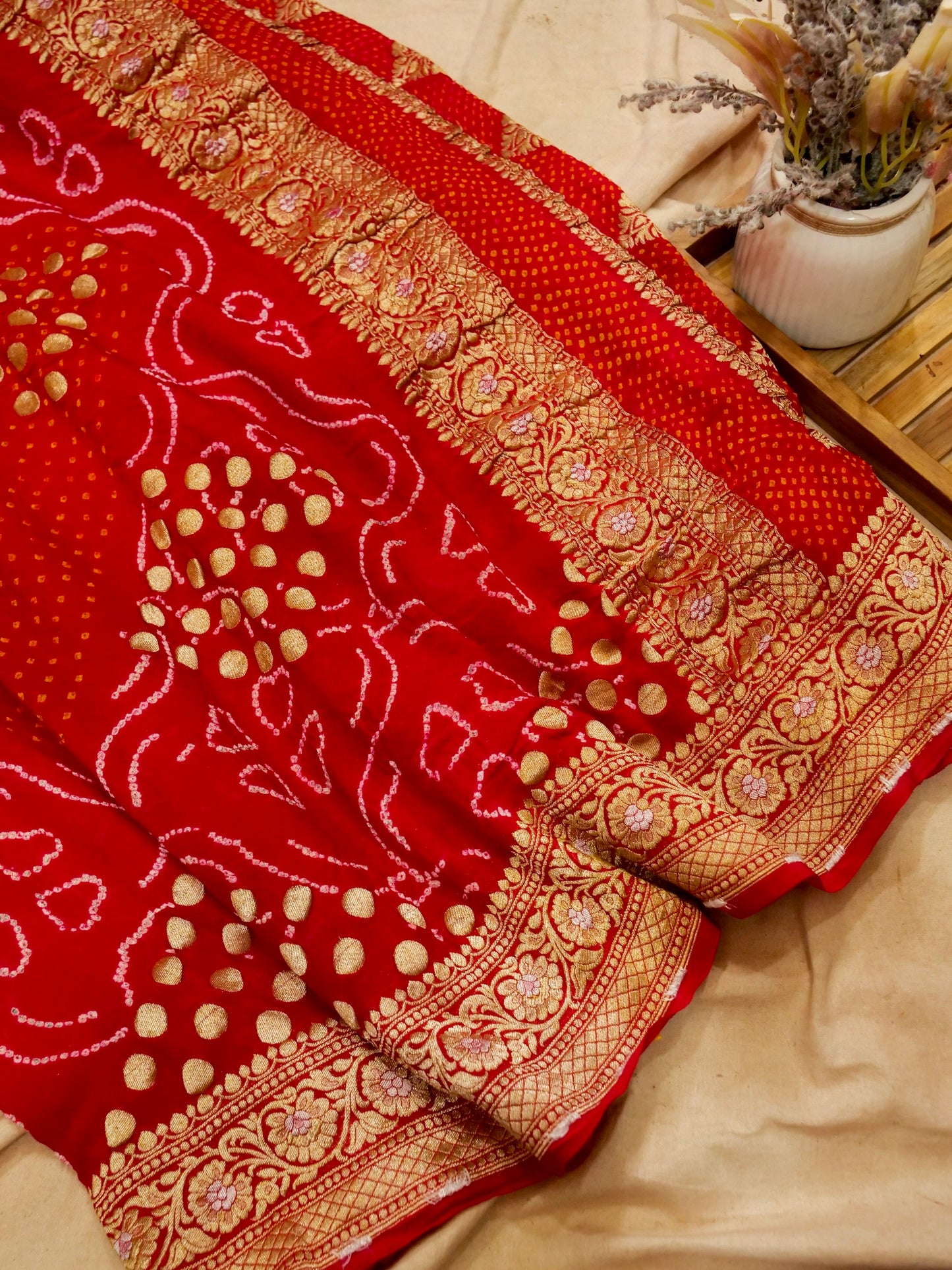 Pure Banarasi Handloom Khaddi Georgette Sargam Bandhani Saree