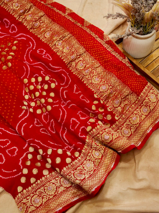 Pure Banarasi Handloom Khaddi Georgette Sargam Bandhani Saree