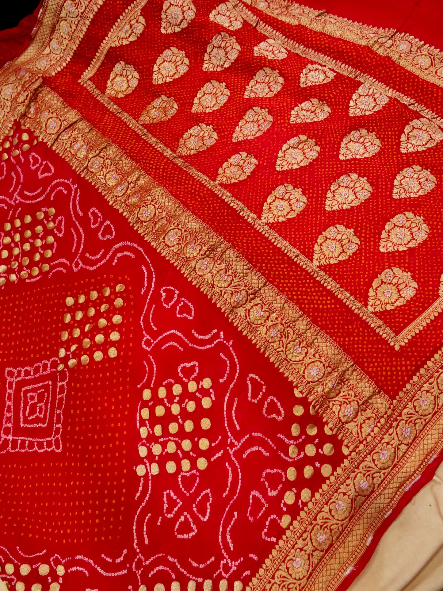 Pure Banarasi Handloom Khaddi Georgette Sargam Bandhani Saree