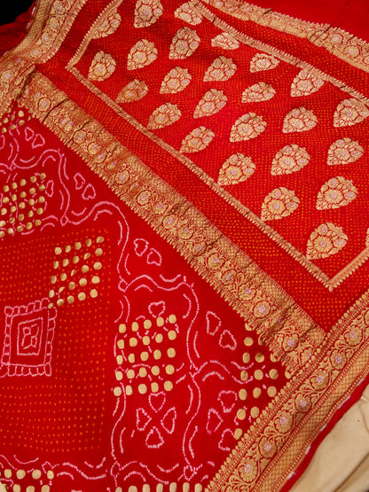 Pure Banarasi Handloom Khaddi Georgette Sargam Bandhani Saree
