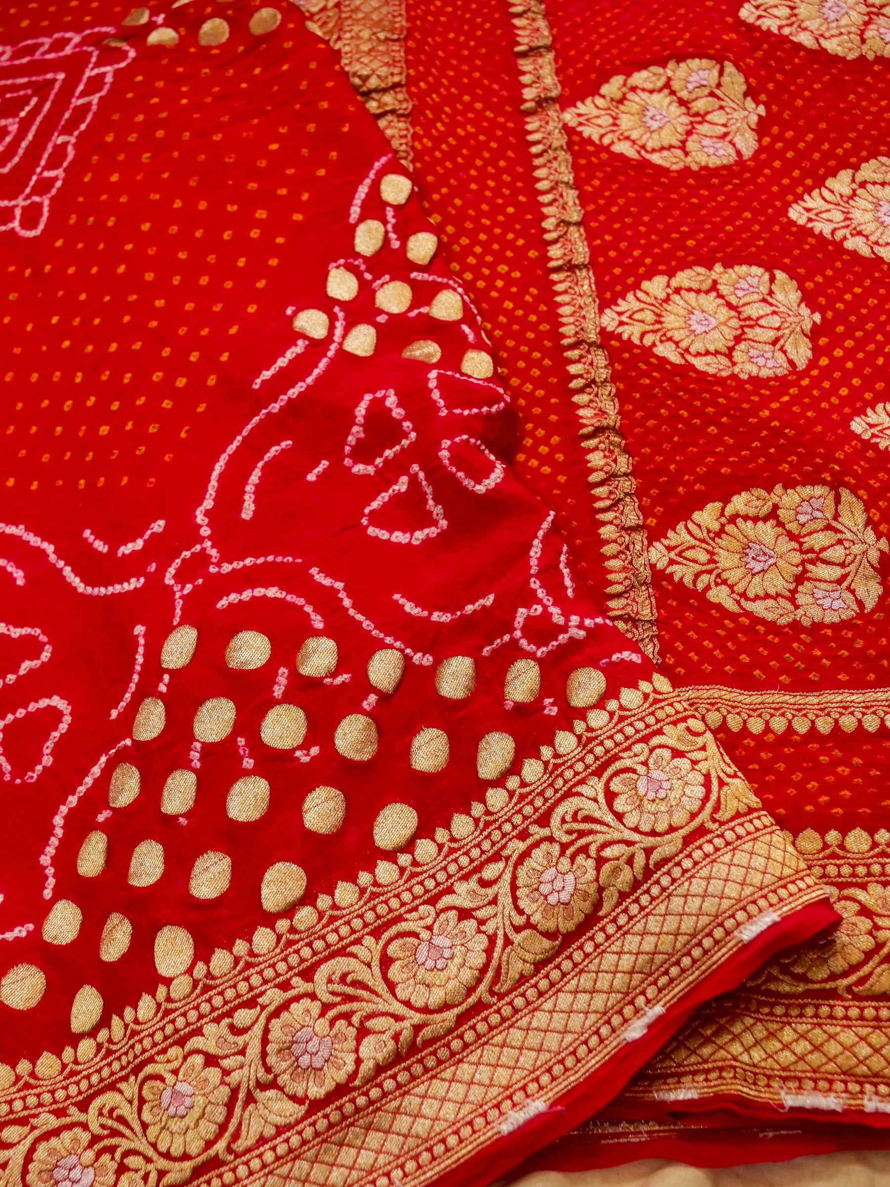 Pure Banarasi Handloom Khaddi Georgette Sargam Bandhani Saree