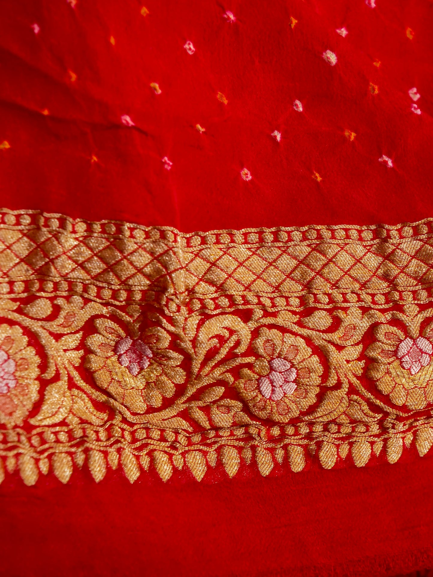 Pure Banarasi Handloom Khaddi Georgette Sargam Bandhani Saree