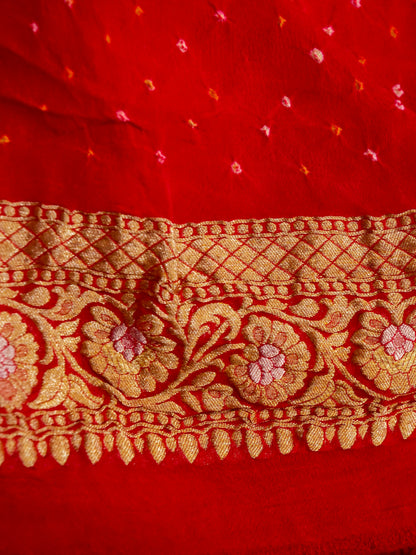 Pure Banarasi Handloom Khaddi Georgette Sargam Bandhani Saree