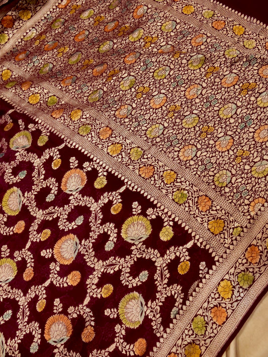 Pure Banarasi Handloom Khaddi Georgette Platinum Refling Saree