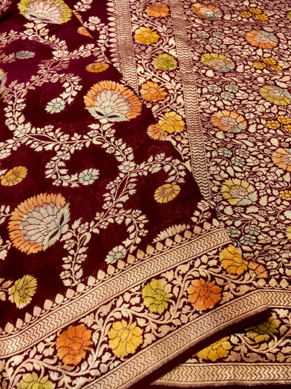 Pure Banarasi Handloom Khaddi Georgette Platinum Refling Saree