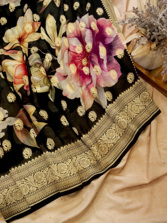 Pure Banarasi Handloom Khaddi Georgette Platinum Digital Saree