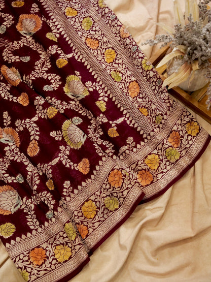 Pure Banarasi Handloom Khaddi Georgette Platinum Refling Saree