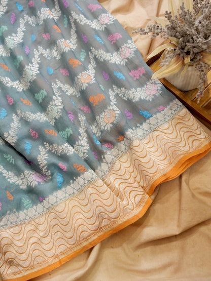 Pure Banarasi Handloom Khaddi Georgette Jamdani Jaal Saree