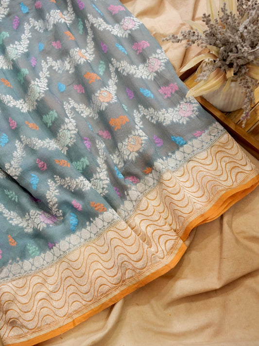 Pure Banarasi Handloom Khaddi Georgette Jamdani Jaal Saree